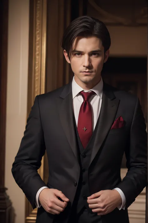 wearing a wine red tie、man posing in a tuxedo, rococo detailing style, dark grey and red, dark symbolism, dark grey and dark bla...