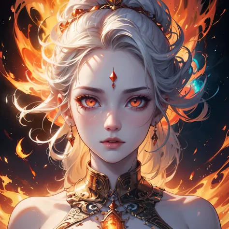 The extreme beautiful goddess of fire, white skin, colorful mystic light, fire glow eyes, UHD, by Aleksi Briclot and Alessio Albi and Emilia Rodriguez and Adela Weiss