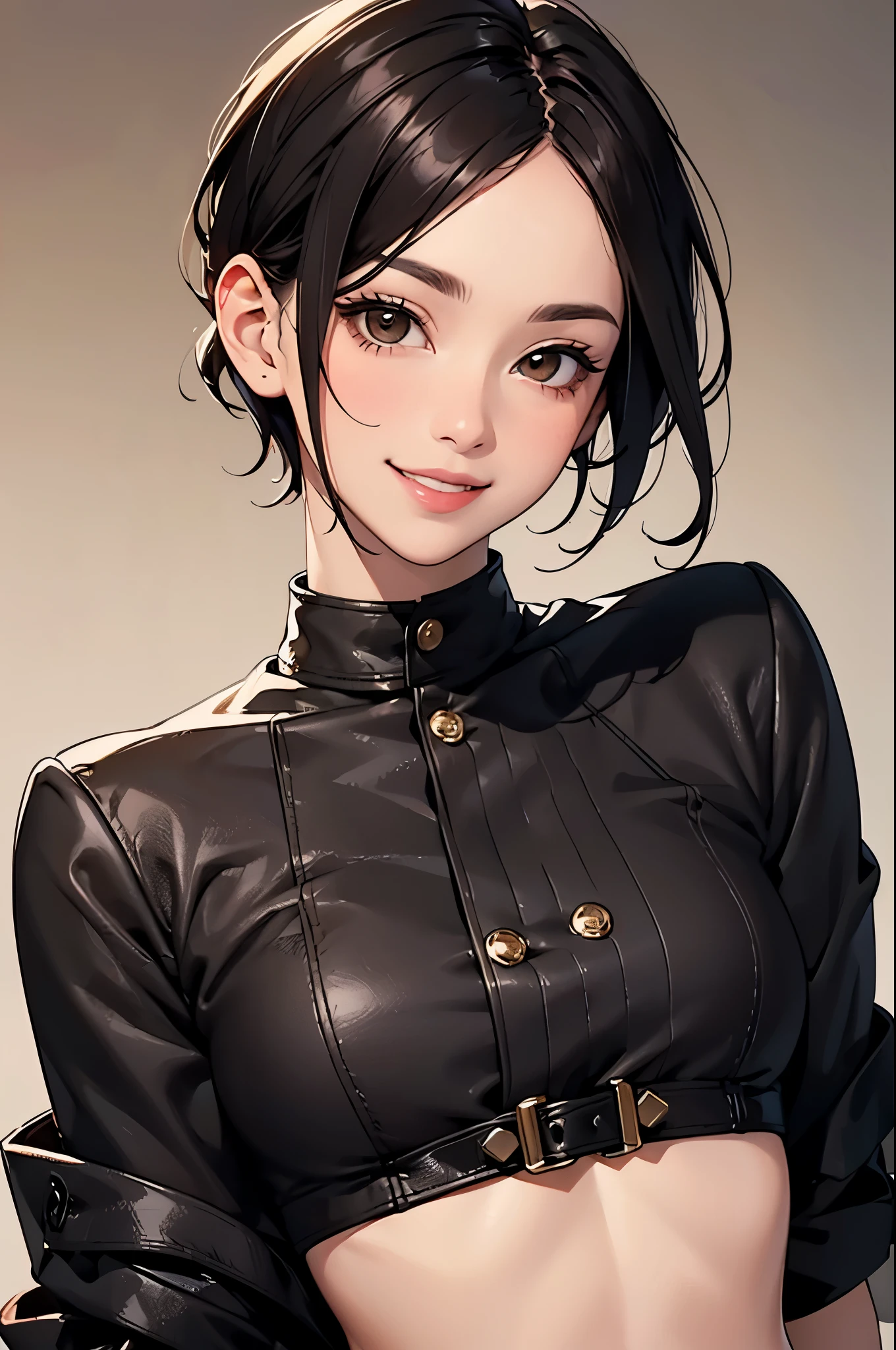 Pointy bald hairstyle, short hair, mexican skin, Gloves, Military short top, 1 Girl ,Deep black hair, ((Hair cut super short,)), Soft brown eyes, Smiling lips,