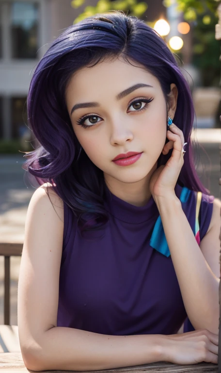 Photo of a 17 year-old American girl, .raw, beautiful woman  , purple hair , purple hair  ((portrait)), ((detailed face:1.2)), ((Detailed facial features)), (Piel finamente detallada), Pale skin , Eyes color.blue , 、a sexy one(color fresco), wet, wet, Reflectoreasutepiece) (proporciones perfectaotos realistas)(The best quality) (detailed) fotografiado con una EOS R5 de Canon, 50mm lens, f/2.8, NffSW, (8k) (wallpaper) (cinematic lighting) (Dramatic lighting) (sharp focus) (Convoluted) big breasts , big breasts , Whole body , beautiful teenage body , posing sexy  , posando de frente para la camara ,cute makeup , big smile , Red lips. mlp  , Rarity  , outfit  