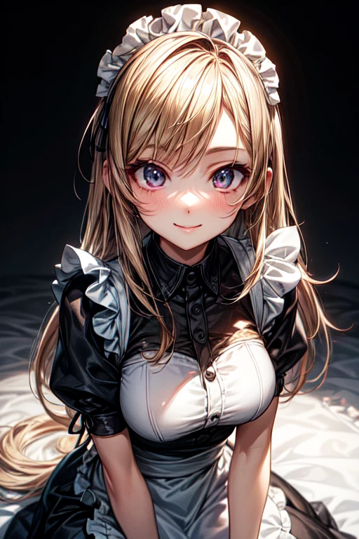 18 year old beautiful girl, big eyes, big breasts, small and slender, 8K, top quality, (very detailed chapter: 1.0), (very detailed face: 1.0), (very detailed hair: 1.0), Maid clothes, Very detailed formalization, anime mo art style, clean detailed anime art, smile, Golden hair, smooth long hair