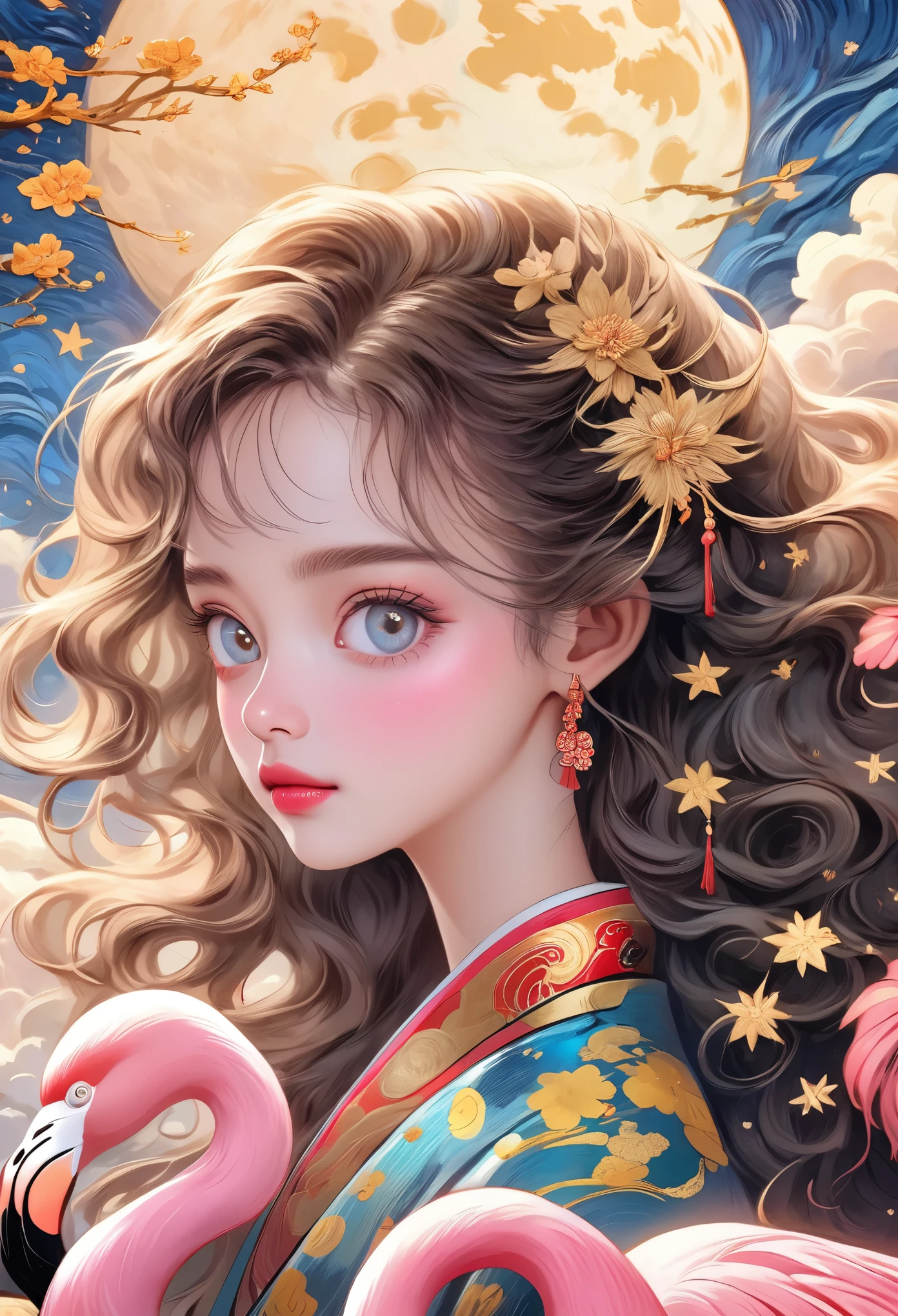 (best quality,4k,8k,highres,masterpiece:1.2),ultra-detailed,realistic,hand-drawn style,rough texture,1 girl,bright eyes,beautiful face,fluffy messy long hair,detailed strands,fine clothing with traditional Chinese style,accurate anatomy,clouds,stars,moon,flamingo,exquisite details,texture,pink and gold color palette,inspired by Van Gogh's art,blank space for character composition.