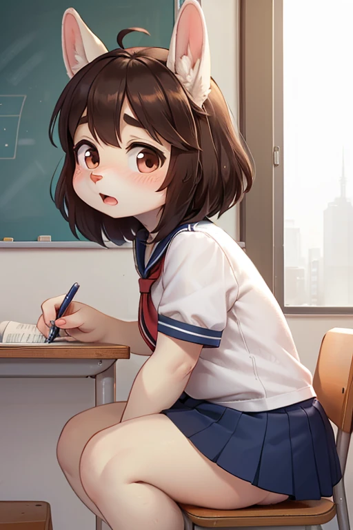 left side view , focus face , hairy bunny Short stature girl , (realistic hairy bunny fur:1.2) , round Mumps face , (tilt face:1.2) , dull geek , round eyes , Swollen cheeks , shy , glossy lips , in the school , Class is in progress , school sailor , skirt , sit on chair , Looking Ahead , Bored attitude , Kneel on the desk , Write in a notebook , Surprised