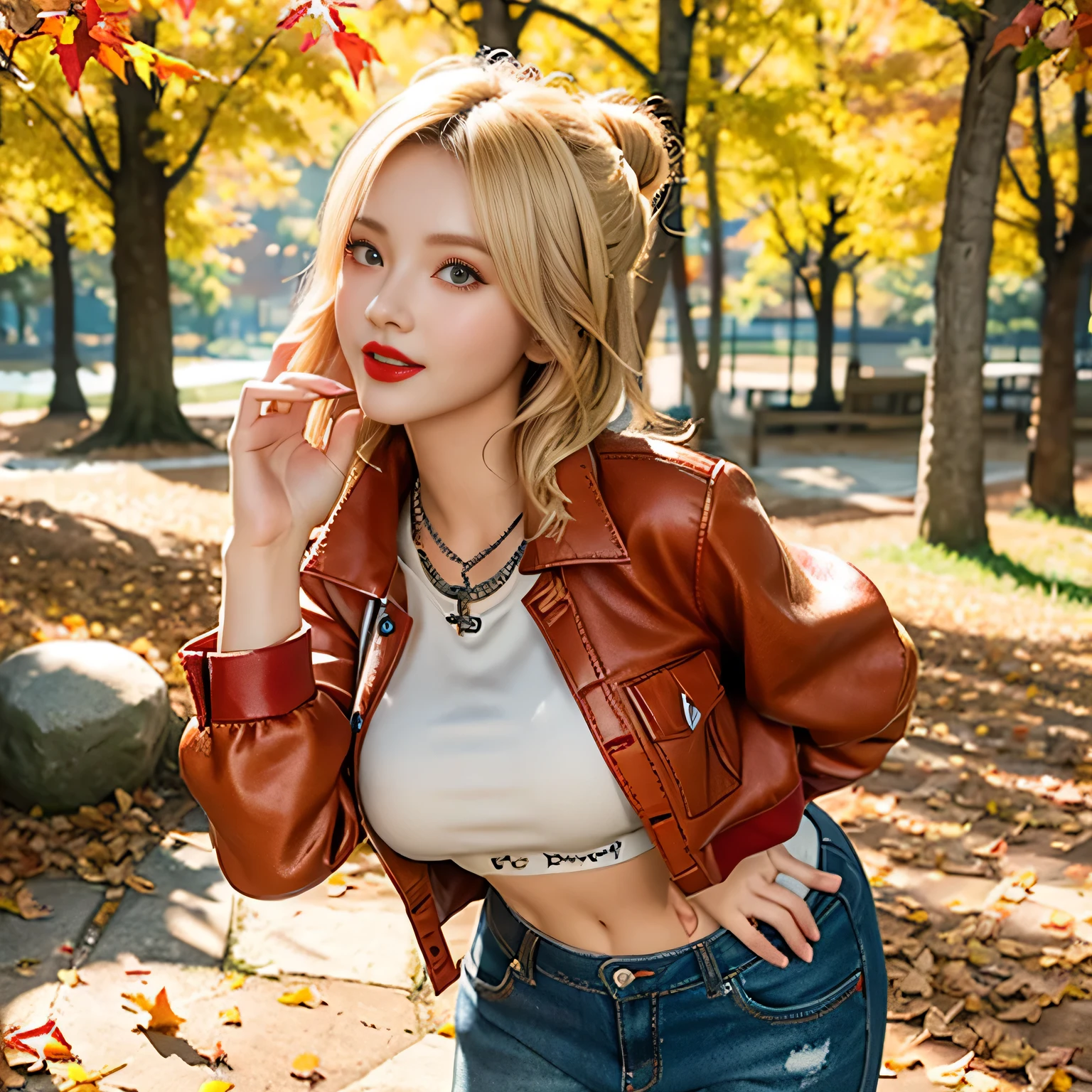 RAW, Best quality, high resolution, Masterpiece: 1.3, Busty blonde woman, wearing a cute jacket, Masterpiece, Vibrant color, Realistic, 1girl, charming personality, beautiful smile, attractive eyes, red lips, curvy figure, detailed clothing, zipped jacket, fur lining, Autumn leaves falling around, rustic background, sunlight filtering through the trees, warm tone, 3D Octane rendering, ray tracing, super detailing viewer, close-up.