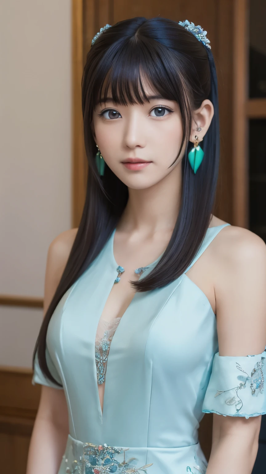 Top quality (8k, high resolution, masterpiece: 1.2), super detailed, anime art style, dynamic angle, teen style, (Chinese dress, exposed shoulders, earrings, indoor,), detailed green hair, detailed blue eyes, intricate hairstyle, long hair , slim body, sparkling eyes, youthful, hair accessories, earrings, half-updo, slightly dull bangs, detailed lighting, bright colors, looking at the viewer, in the center of the image, cowboy shot,