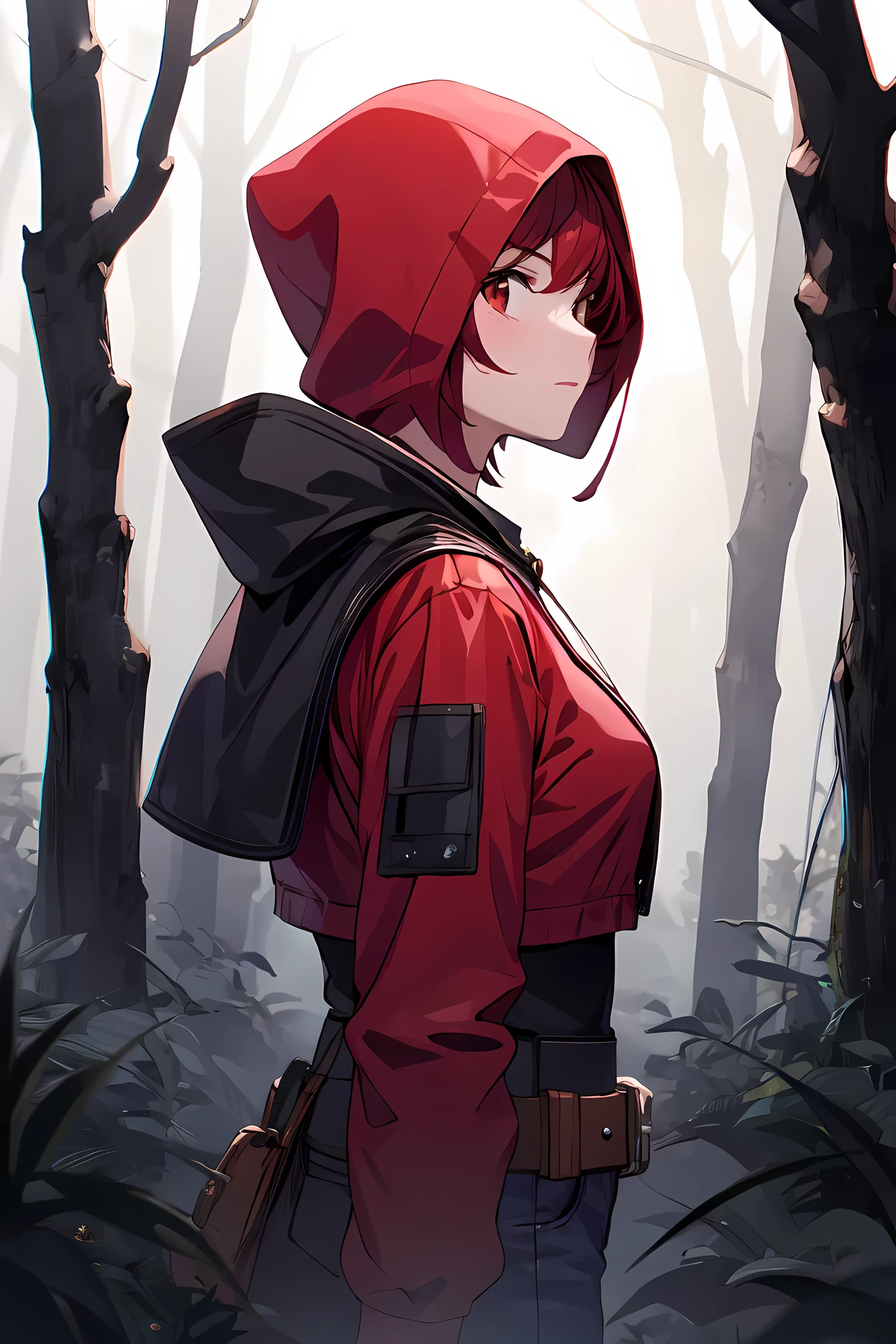 masterpiece, best quality, Red hood Female Short hair, darkness forest, solo ,fog