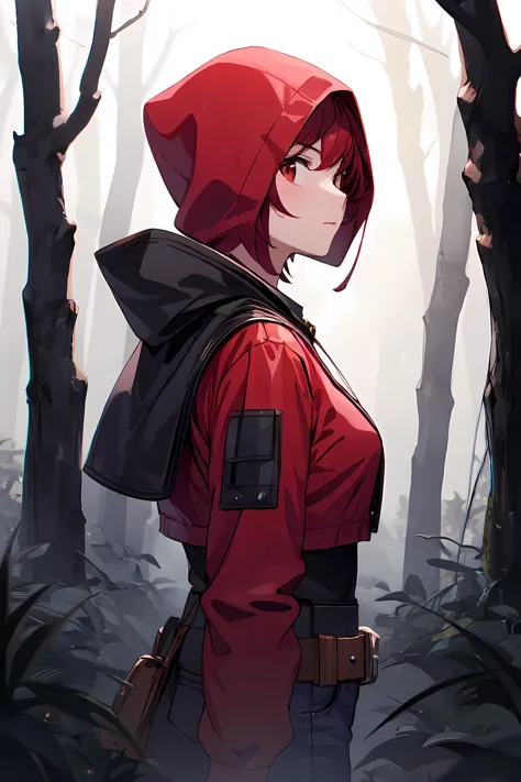 masterpiece, best quality, red hood female short hair, darkness forest, solo ,fog