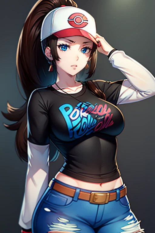 Hilda pokémon, olhos azuis, cabelo castanho, cabelo longo, rabo de cavalo, boné de baseball, Brincos, Lábios brilhantes , 1 garota, Sozinho, de pé, camiseta preta, camisa branca, jeans azul, cinto, batom, seios grandes, mangas em camadas