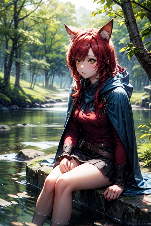 8K, Best quality, (photorealistic:1.4), raw photo, 1 girl, Red hair, animal ears, blue cape with hood, ears stick out, outside: sitting on a stone by a forest river, yellow eyes,  -