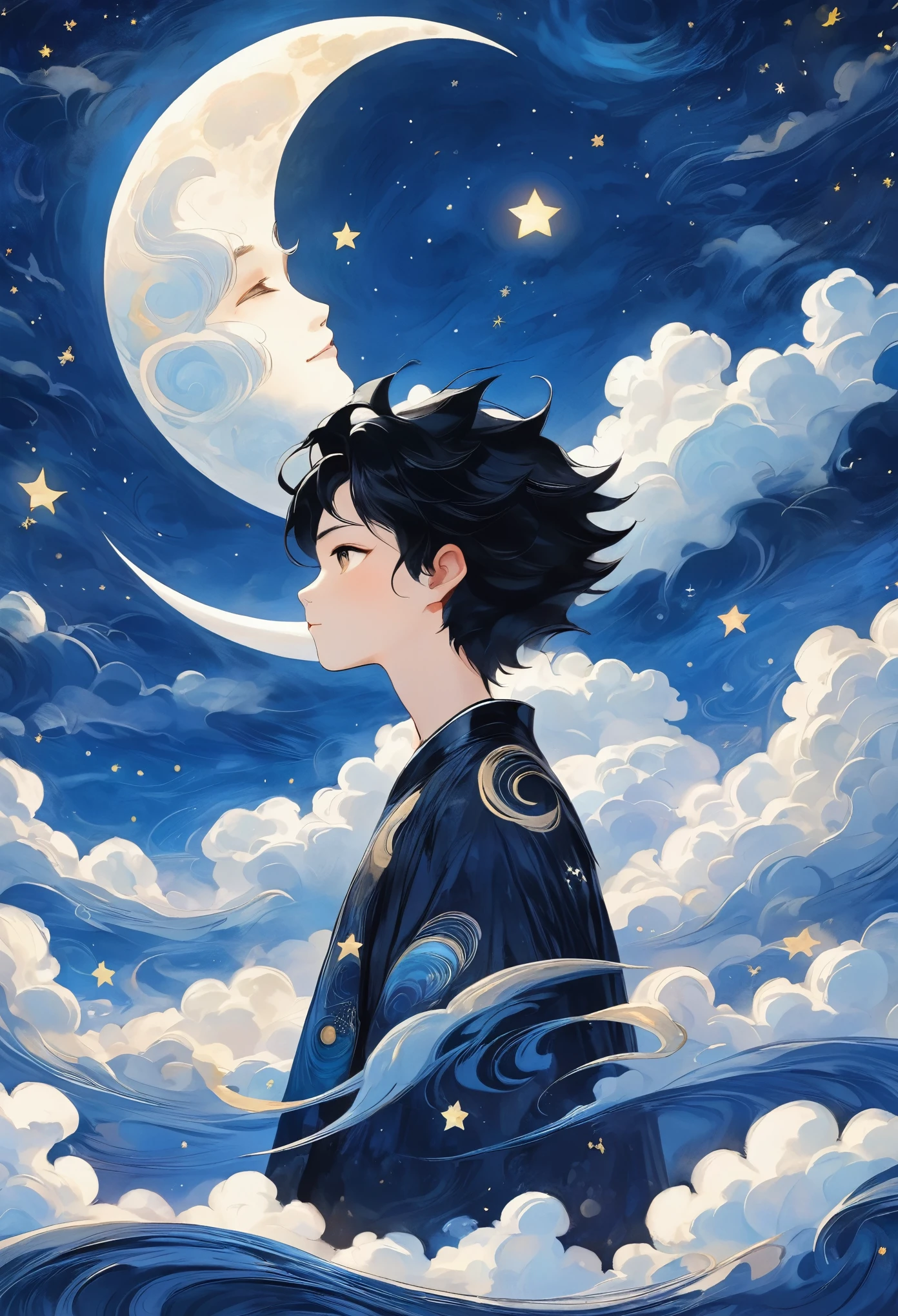 1boy, black hair, cloud, crescent moon, earth \(planet\), full moon, moon, night, night sky, planet, profile, sky, star \(sky\), starry sky, waves