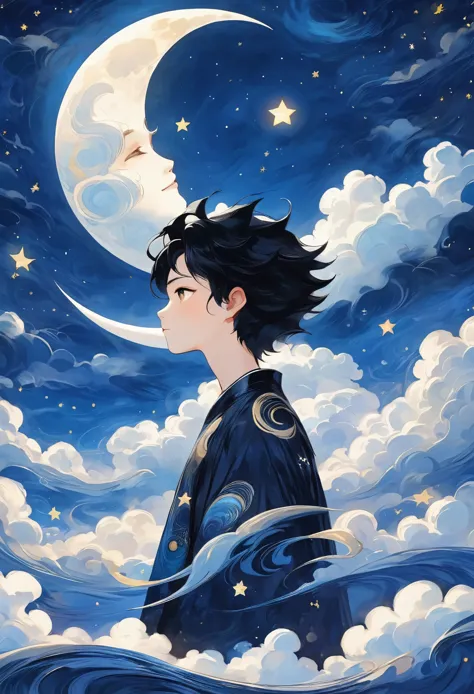 1boy, black hair, cloud, crescent moon, earth \(planet\), full moon, moon, night, night sky, planet, profile, sky, star \(sky\),...