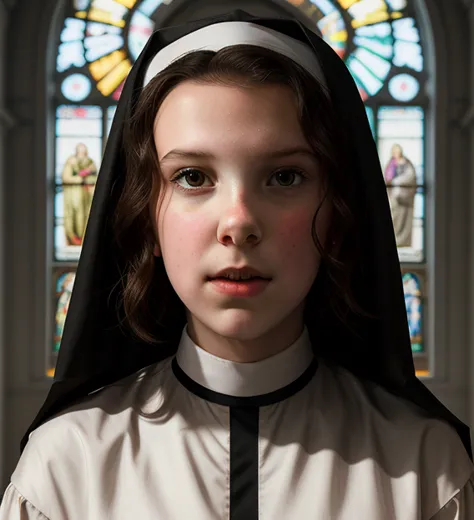 portrait of 14-year-old millie bobby brown as a sexy nun, bible, church, catholic, christian, intricate, headshot, highly detail...