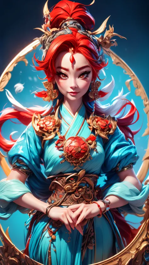 (best quality,4k,8k,highres,masterpiece:1.2),ultra-detailed, 1girl, Chinese fox spirit Su Daji, red hair, blue traditional Chine...