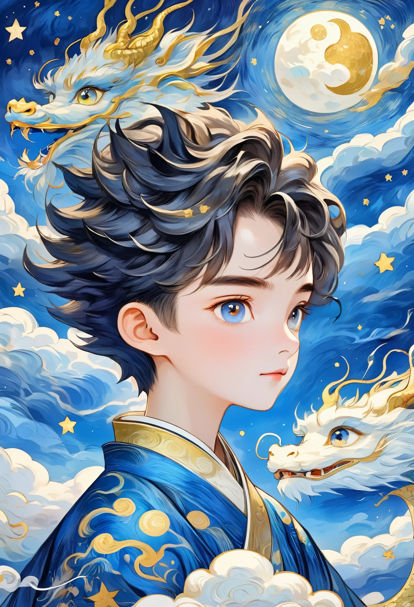 Hand-drawn style：粗糙的Texture，1 Boy，Short fluffy hair，Surprise hair，Bright Eyes，Hanfu，Cloud，Star，moon，dragon，Beautiful details，Texture，Blue and gold，Integrating into the art of Van Gogh