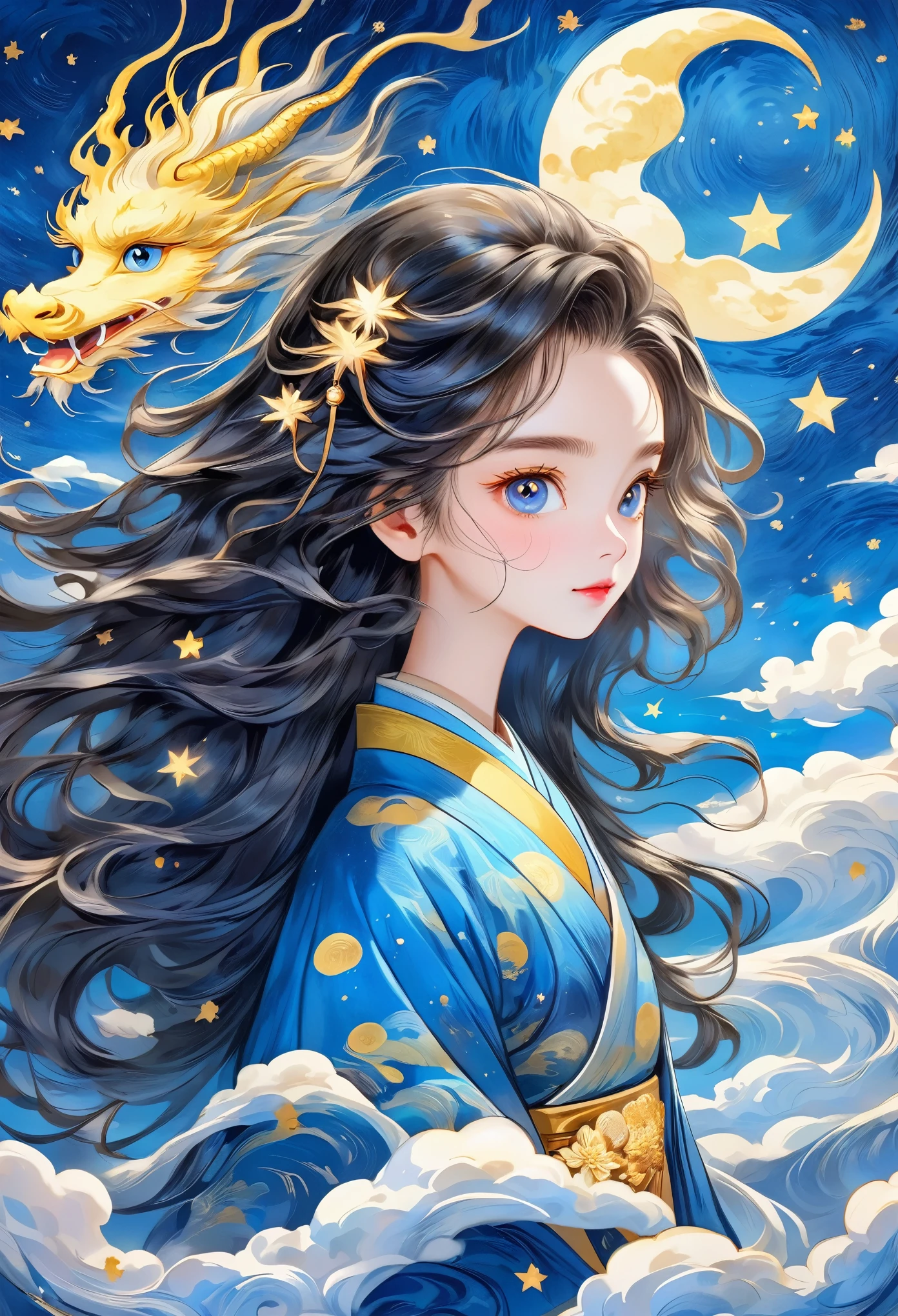 Hand-drawn style：粗糙的Texture，1 Girl，Fluffy messy long hair，Surprise hair，Bright Eyes，Hanfu，Cloud，Star，moon，dragon，Beautiful details，Texture，Blue and gold，Integrating into the art of Van Gogh