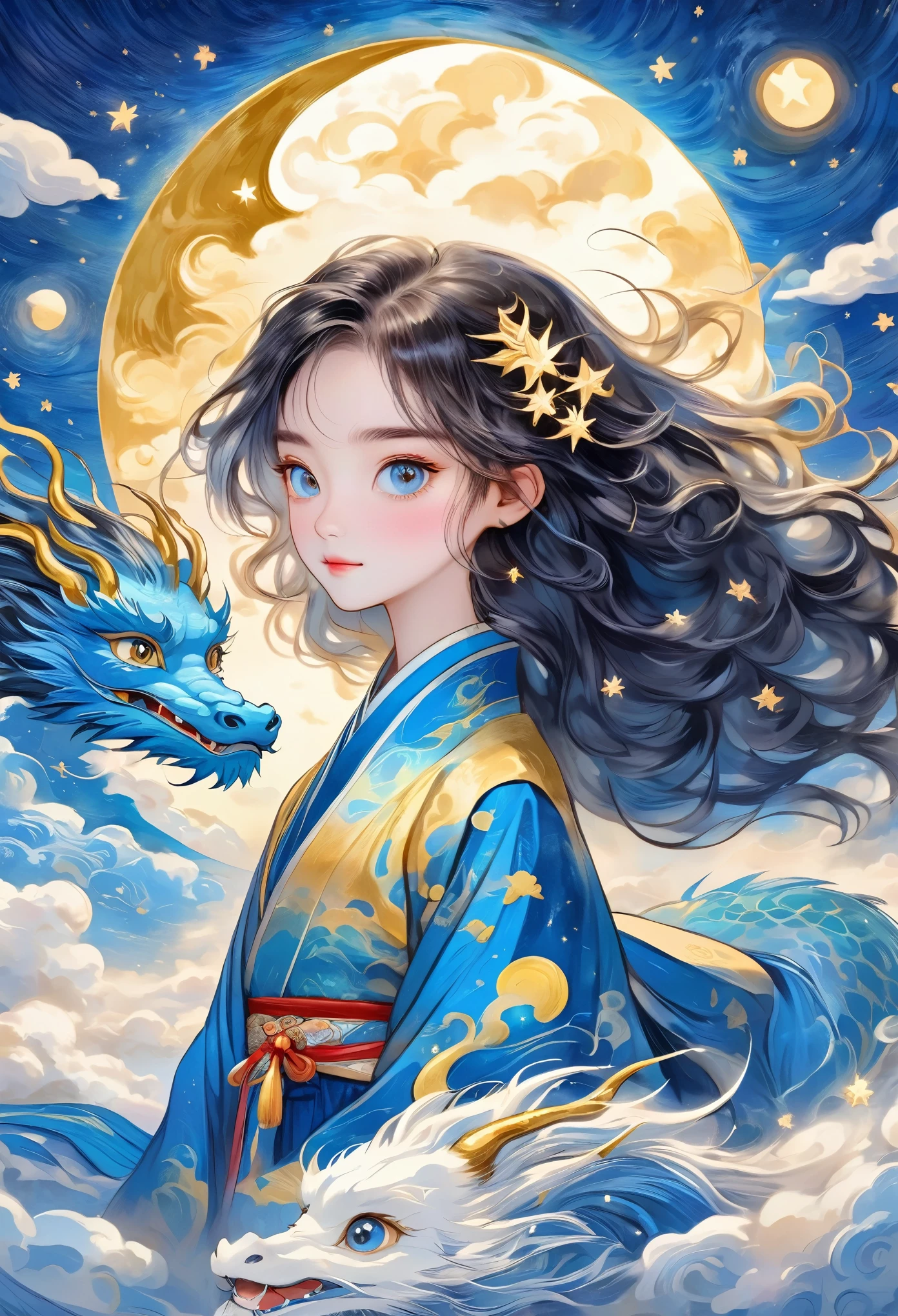 estilo dibujado a mano：粗糙的textura，1 chica，Cabello largo desordenado y esponjoso，pelo sorpresa，Ojos brillantes，hanfu，La anatomía humana es correcta.。nube，estrella，luna，dragon，Hermosos detalles，textura，azul y oro，Integrándose en el arte de Van Gogh