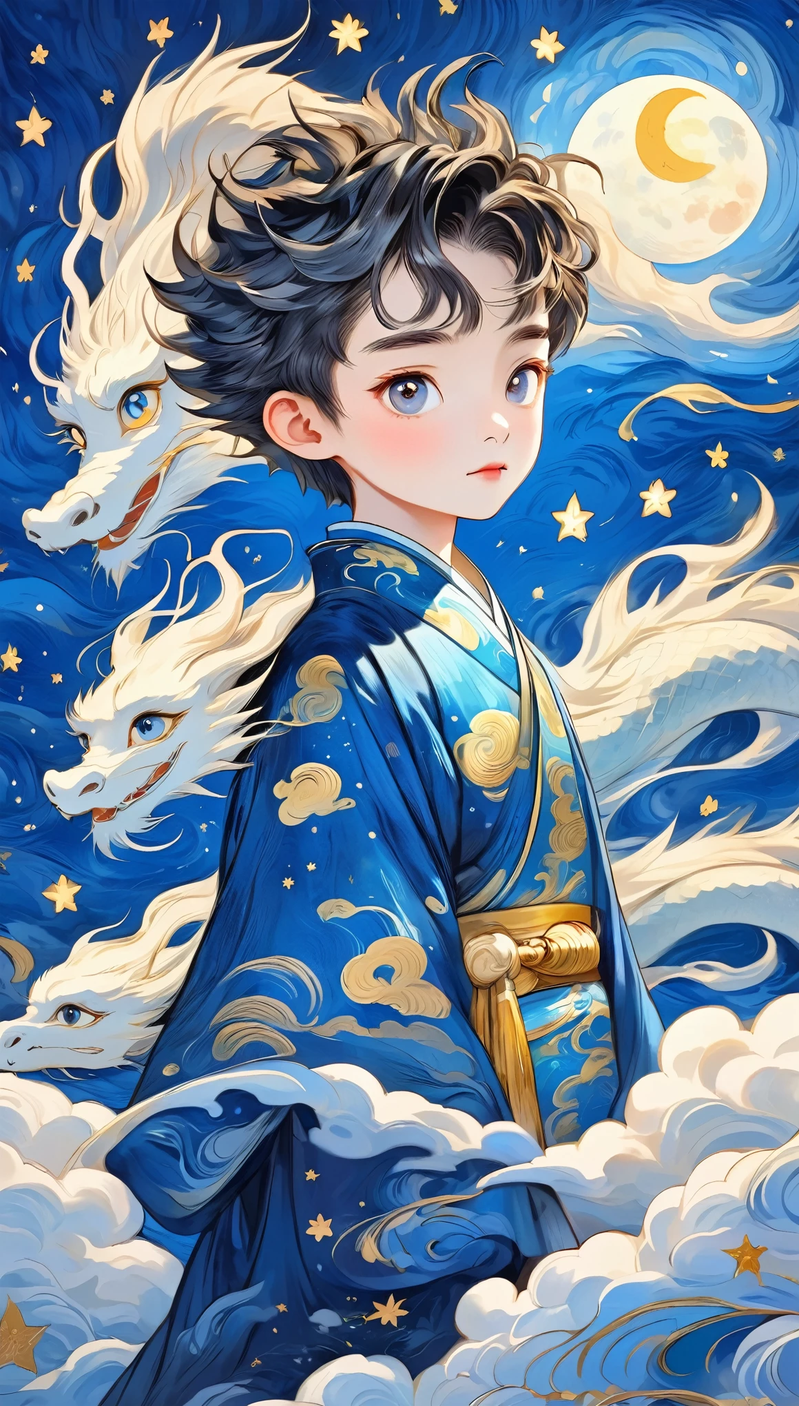 Hand-drawn style：粗糙的Texture，1 Boy，Unique，Short fluffy hair，Surprise hair，Bright Eyes，Hanfu，Cloud，Star，moon，dragon，Beautiful details，Texture，Blue and gold，Integrating into the art of Van Gogh