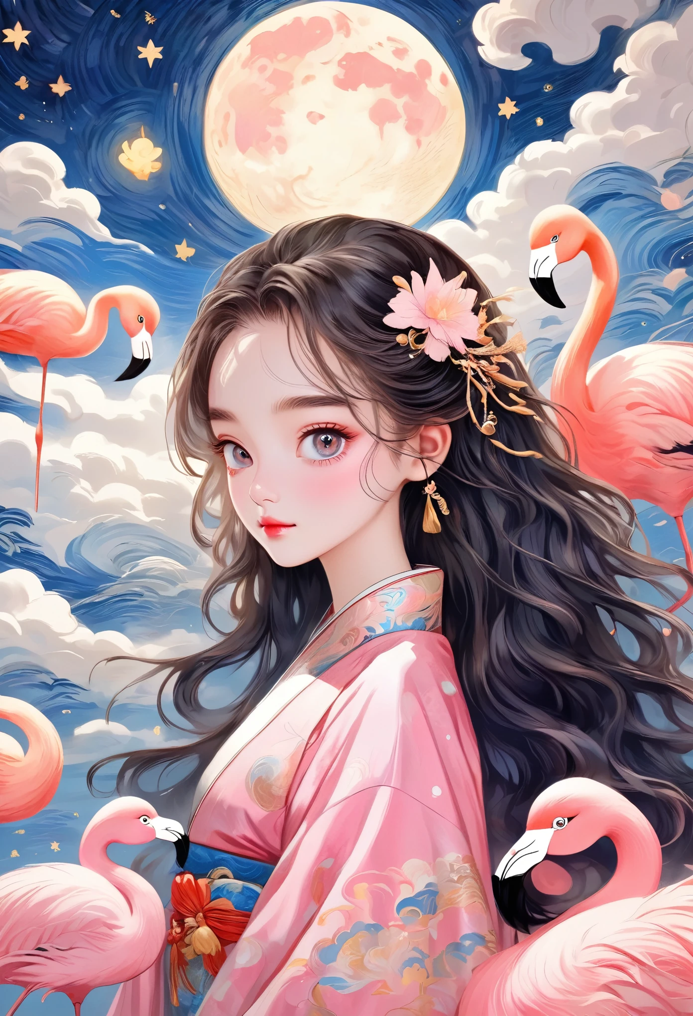 Hand-drawn style：粗糙的Texture，1 Girl，Bright Eyes，Beautiful face，Fluffy messy long hair，Delicate hair，Hanfu，Human anatomy is correct。Cloud，Star，moon，flamingo，Beautiful details，Texture，Pink and Gold，Integrating into the art of Van Gogh