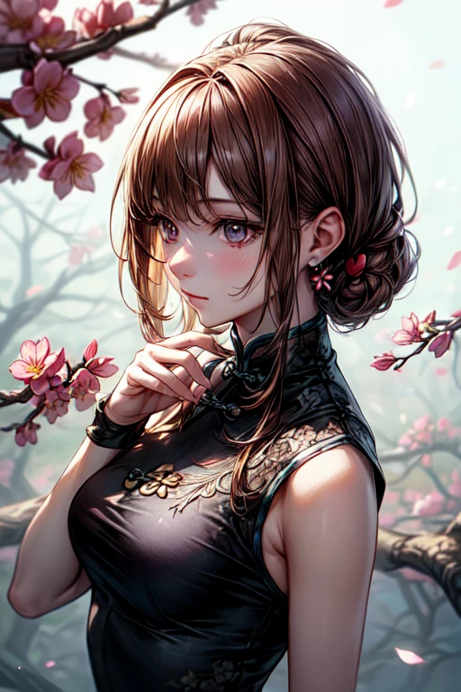 masterpiece,чрезвычайно подробные обои CG Unity 8k,1 girl, Beautiful, realistic, blurred, blurred_background, blurred_Foreground, branch, brown_hair, plum blossom, depth_from_field, earrings, flower, Ювелирные fromделия, nose, realistic, One,chinese clothes,fingers hidden, hands hidden, noseить только бюстгальтер