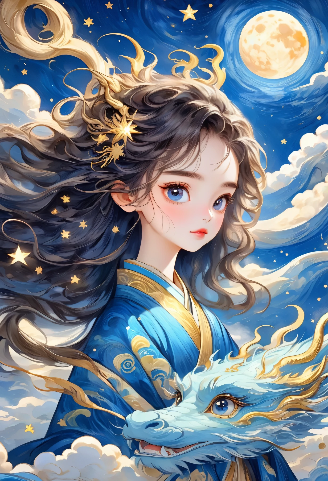 Hand-drawn style：粗糙的Texture，1 Girl，Beautiful face，Fluffy messy long hair，Surprise hair，big eyes，Bright Eyes，Delicate lashes，Hanfu，Human anatomy is correct。Cloud，Star，moon，dragon，Beautiful details，Texture，Blue and gold，Integrating into the art of Van Gogh