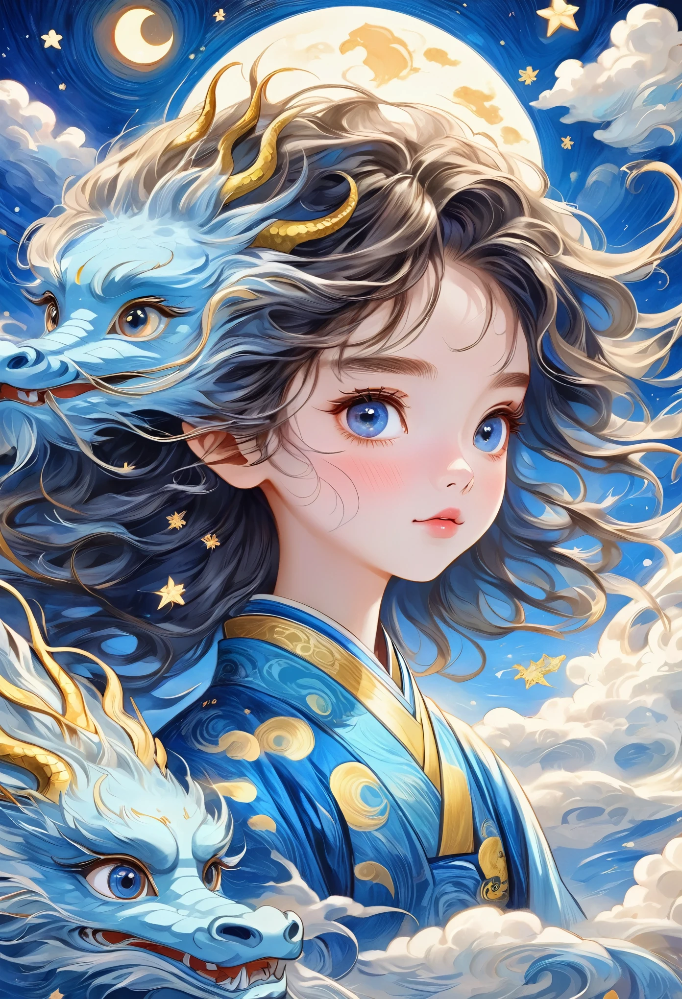 Hand-drawn style：粗糙的Texture，1 Boy，1 Girl，Beautiful face，Fluffy messy long hair，Surprise hair，big eyes，Bright Eyes，Delicate lashes，Hanfu，Human anatomy is correct。Cloud，Star，moon，dragon，Beautiful details，Texture，Blue and gold，Integrating into the art of Van Gogh