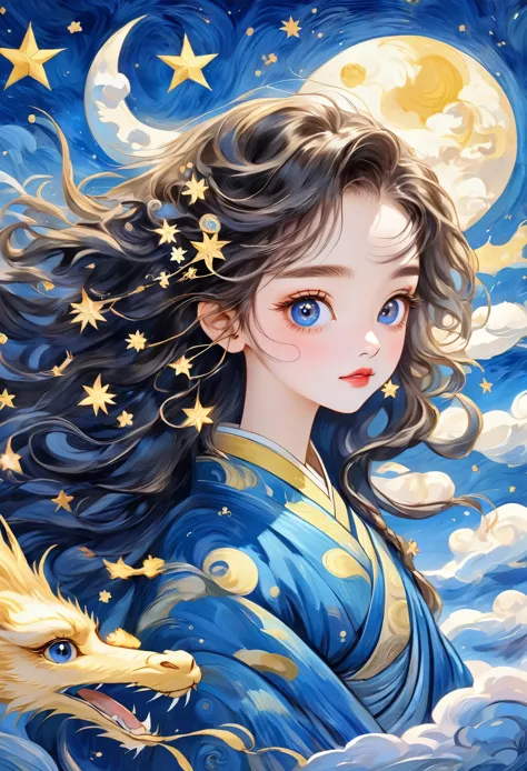 Hand-drawn style：粗糙的Texture，1 Girl，Beautiful face，Fluffy messy long hair，Surprise hair，big eyes，Bright Eyes，Delicate lashes，Hanf...