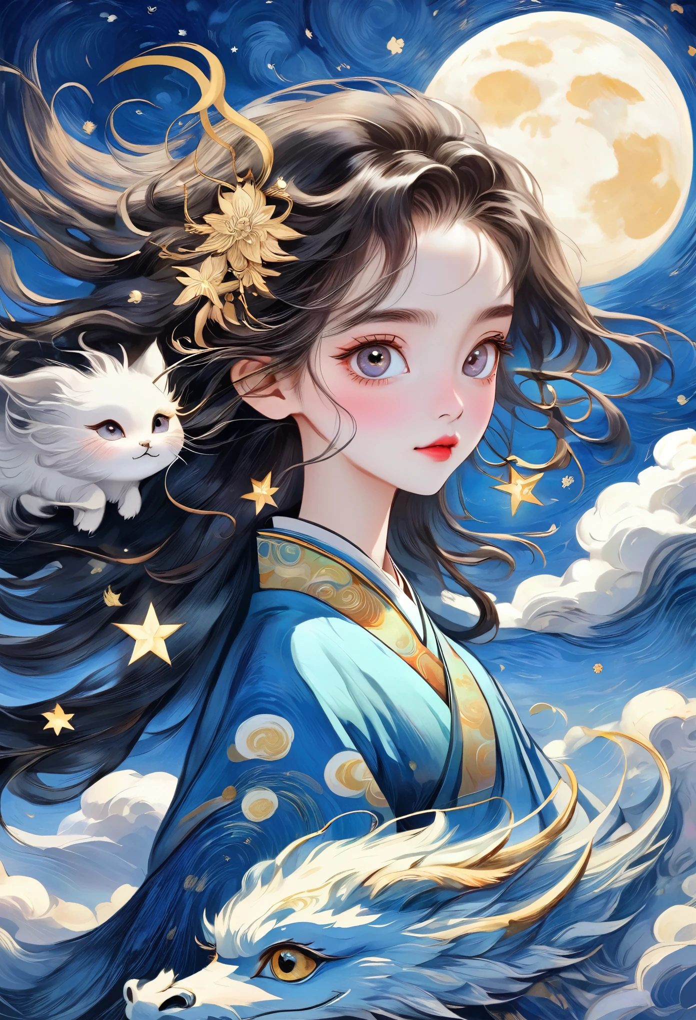 Chinese style hand drawn style：粗糙的Texture，（1 Girl，Beautiful face，big eyes，Bright Eyes，Delicate lashes，Fluffy messy long hair，Delicate hair，Hanfu，Human anatomy is correct）。Cloud，Star，moon，The wyvern circles：1.37，Beautiful details，Texture，Integrating into the art of Van Gogh