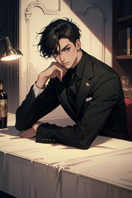 ((One man with a black suit and tie)), gotham, 1980s, alejandro, (((one-side swept black short hair))), (dark green eyes and thick eyebrows), smirk, ((20 years old)), ((masterpiece)), posture dynamic,