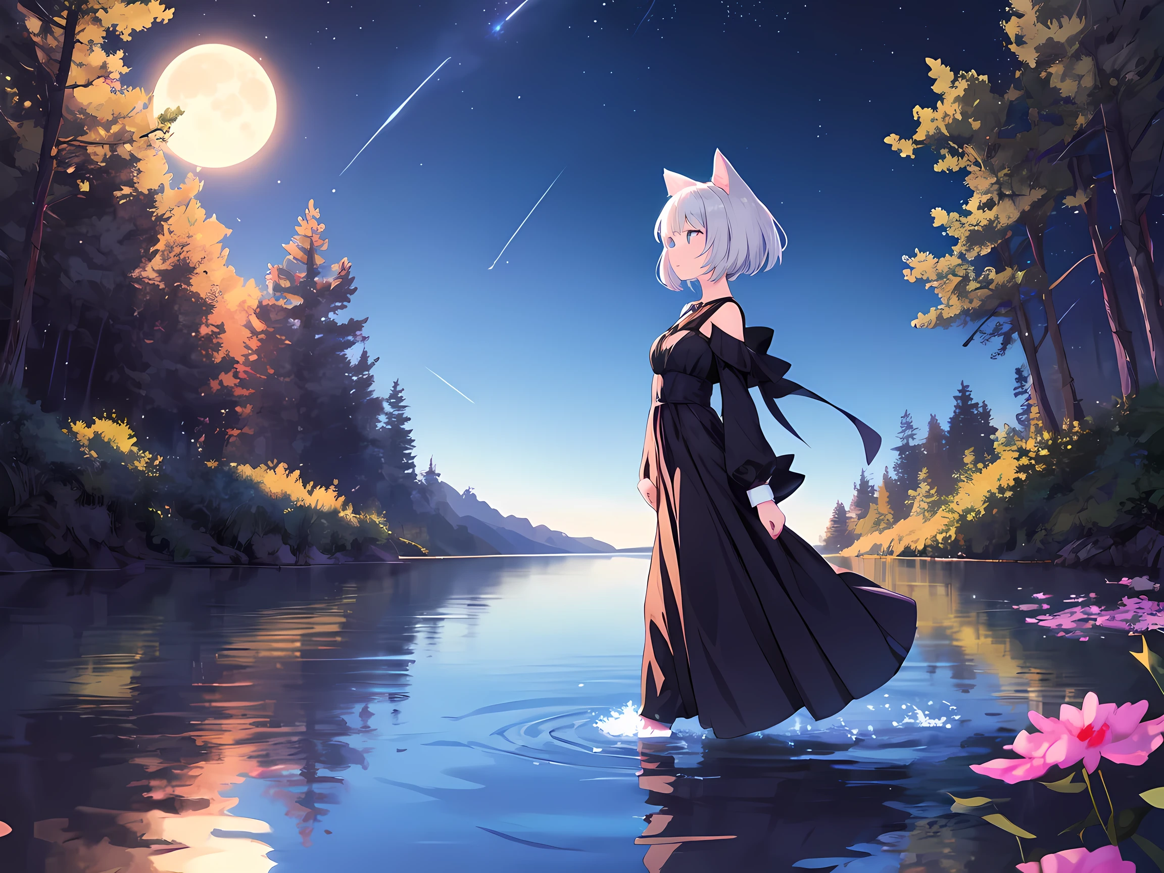 Magical and serene dog girl with short silver hair, luminous black stardust gown, walking by a forest lake as she watches the moon and stars reflect upon the water's surface

