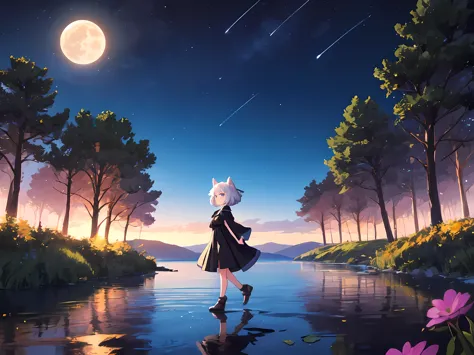 Magical and serene dog girl with short silver hair, luminous black stardust gown, walking by a forest lake as she watches the mo...