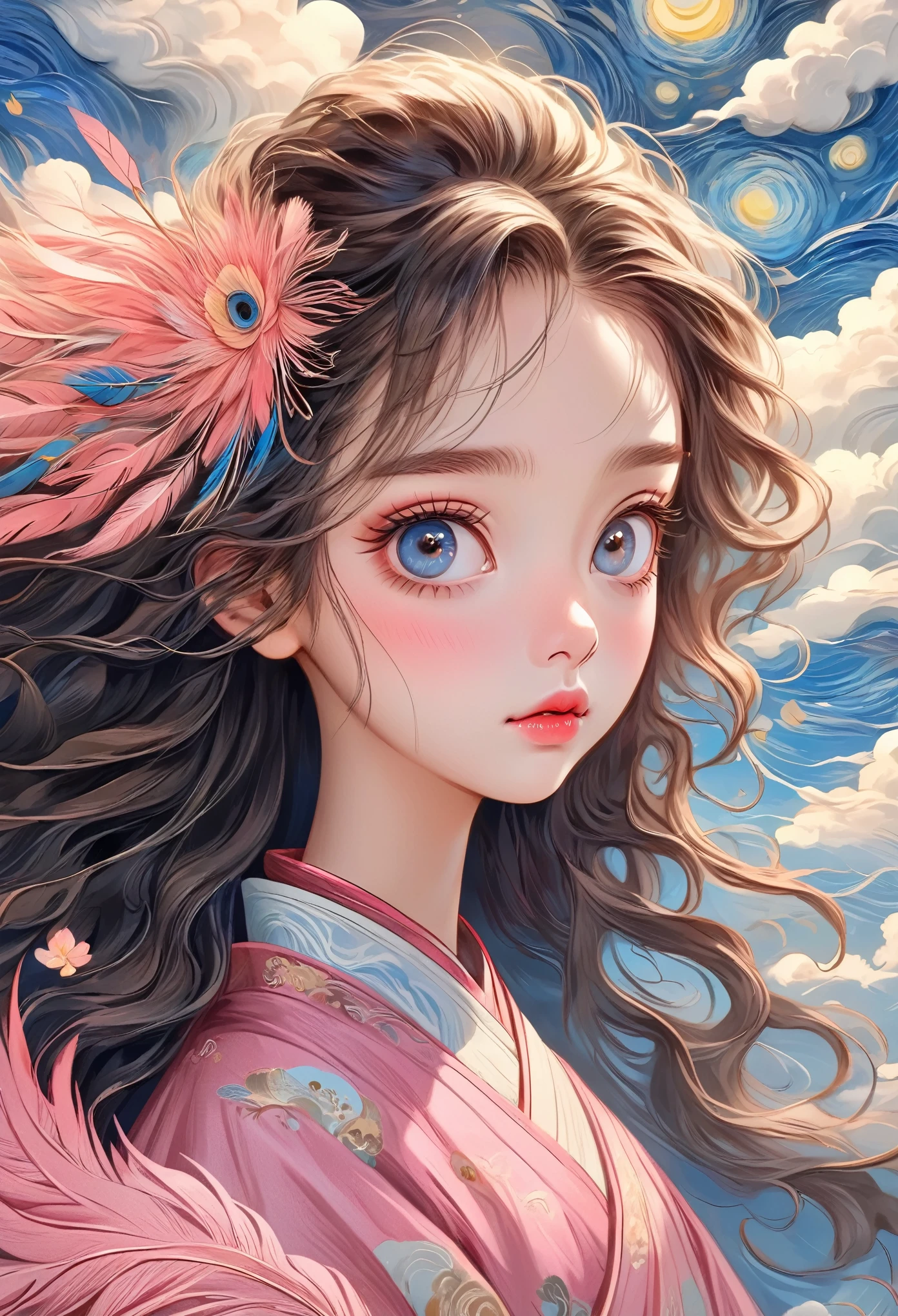 Hand-drawn style：粗糙的Texture，（In the clouds，1 Girl，Beautiful face，big eyes，Bright Eyes，Delicate lashes，Fluffy messy long hair，Delicate hair，Hanfu，beautiful feathers，Human anatomy is correct）。Beautiful details，Texture，Integrating into the art of Van Gogh，Layered art，Lines winding，pink