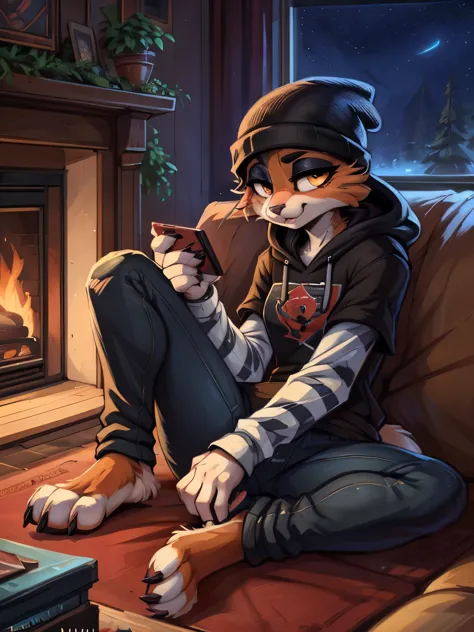 (best quality, masterpiece:1), solo, (shaded face:1.2), furry female anthro meowskulls, (noseless:1.1), sitting on couch, living room, tv, videogames, tail, medium breasts, bored, looking away, closed mouth, (mocking smile), (shivering:1.2), half-closed ey...