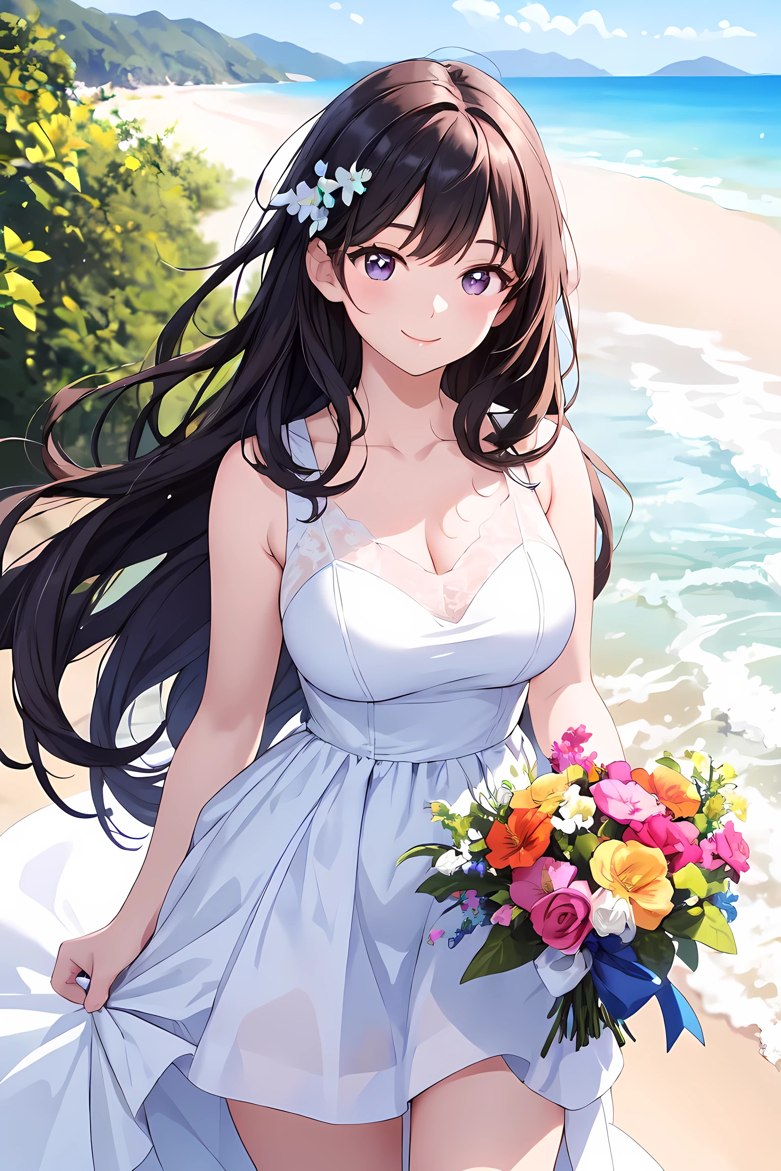 a beautiful woman, a white and dress, in a beautiful beach, long hair in a mess, flirting, light smile, Holding flowers, ultra HD, realistic, bright colors, high detail, UHD drawing, perfect composition, beautiful detailed complex,
