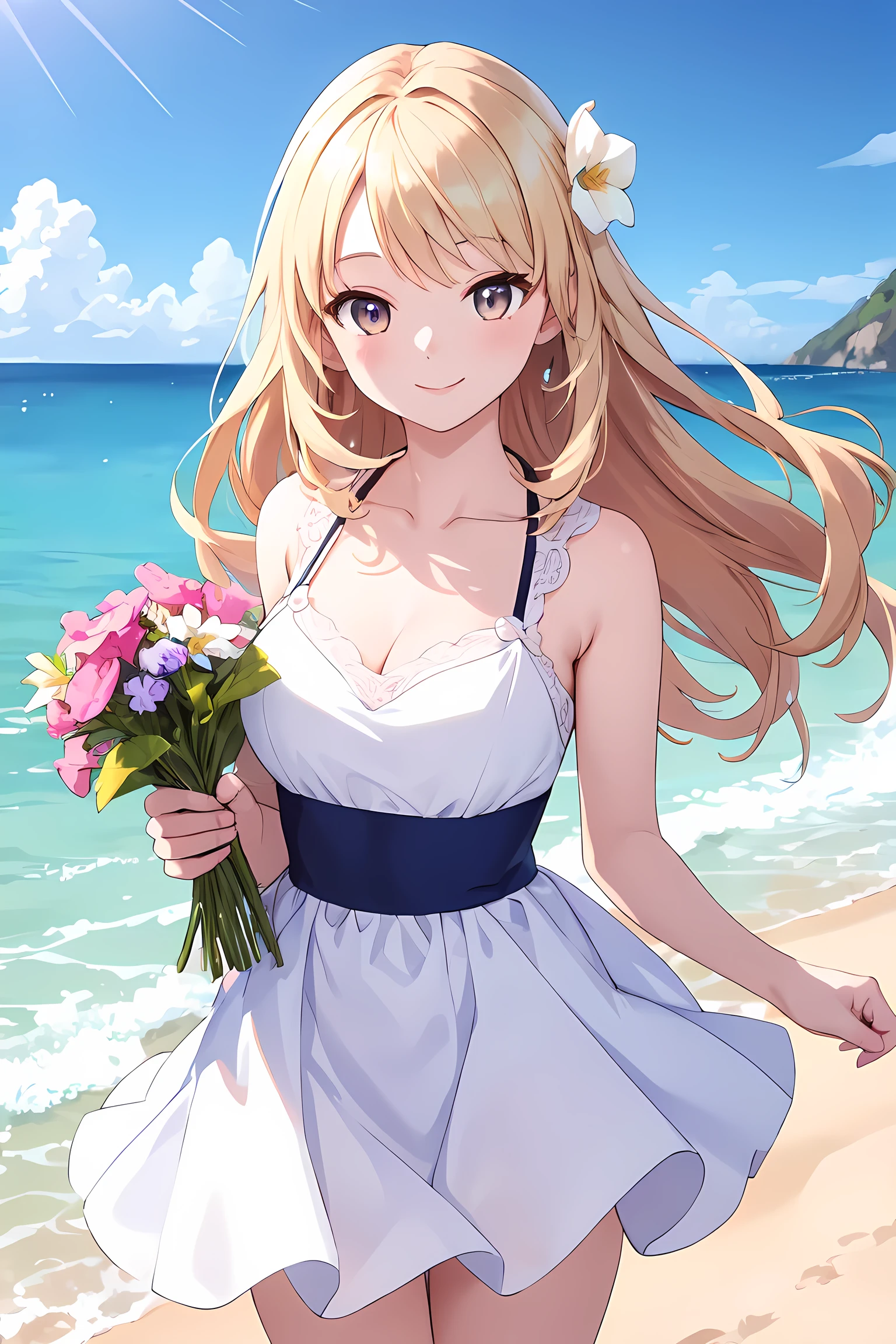 a beautiful woman, a white and dress, in a beautiful beach, long hair in a mess, flirting, light smile, Holding flowers, ultra HD, realistic, bright colors, high detail, UHD drawing, perfect composition, beautiful detailed complex,
