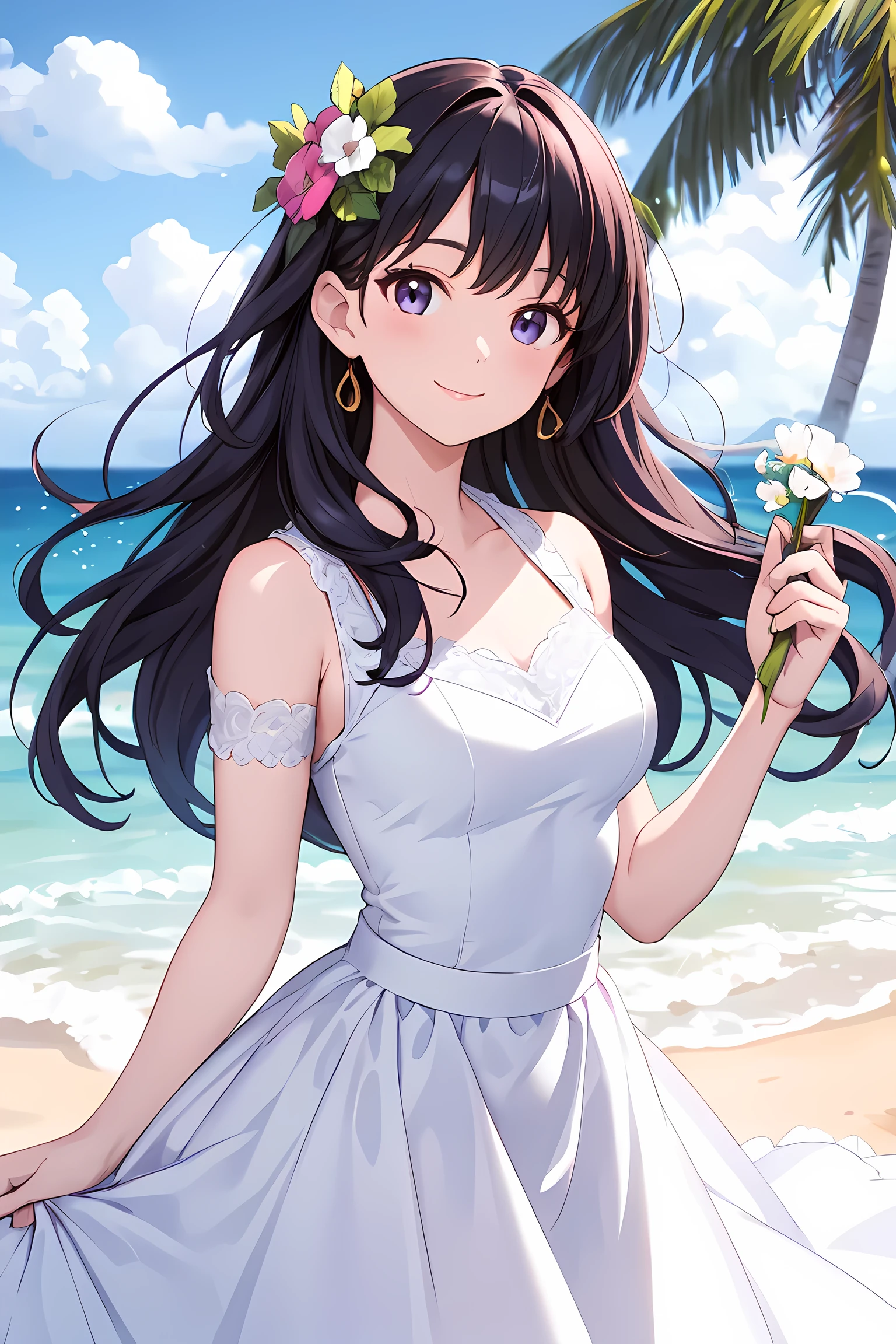 a beautiful woman, a white and dress, in a beautiful beach, long hair in a mess, flirting, light smile, Holding flowers, ultra HD, realistic, bright colors, high detail, UHD drawing, perfect composition, beautiful detailed complex,
