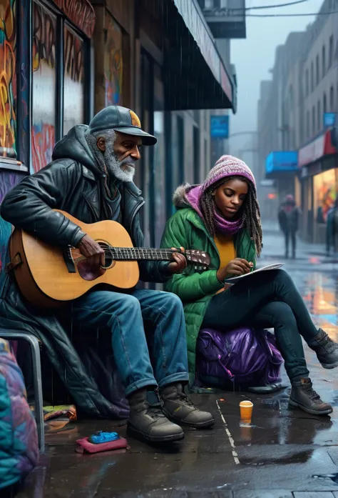 A RAW 8K picture of two beautiful female homeless refugees in their own city, sipping a cup of take away coffee on their camp on...