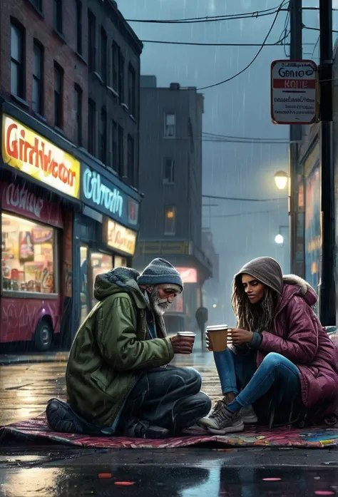 A RAW 8K picture of two beautiful female homeless refugees in their own city, sipping a cup of take away coffee on their camp on...
