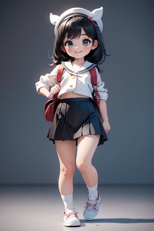 masterpiece, highest quality, Official Art, 8k wallpaper, Very detailed, figure, One cute girl, Black Hair, Wide Hips, mini skirt, Sailor Top, Backpack, walking, from the front, smile