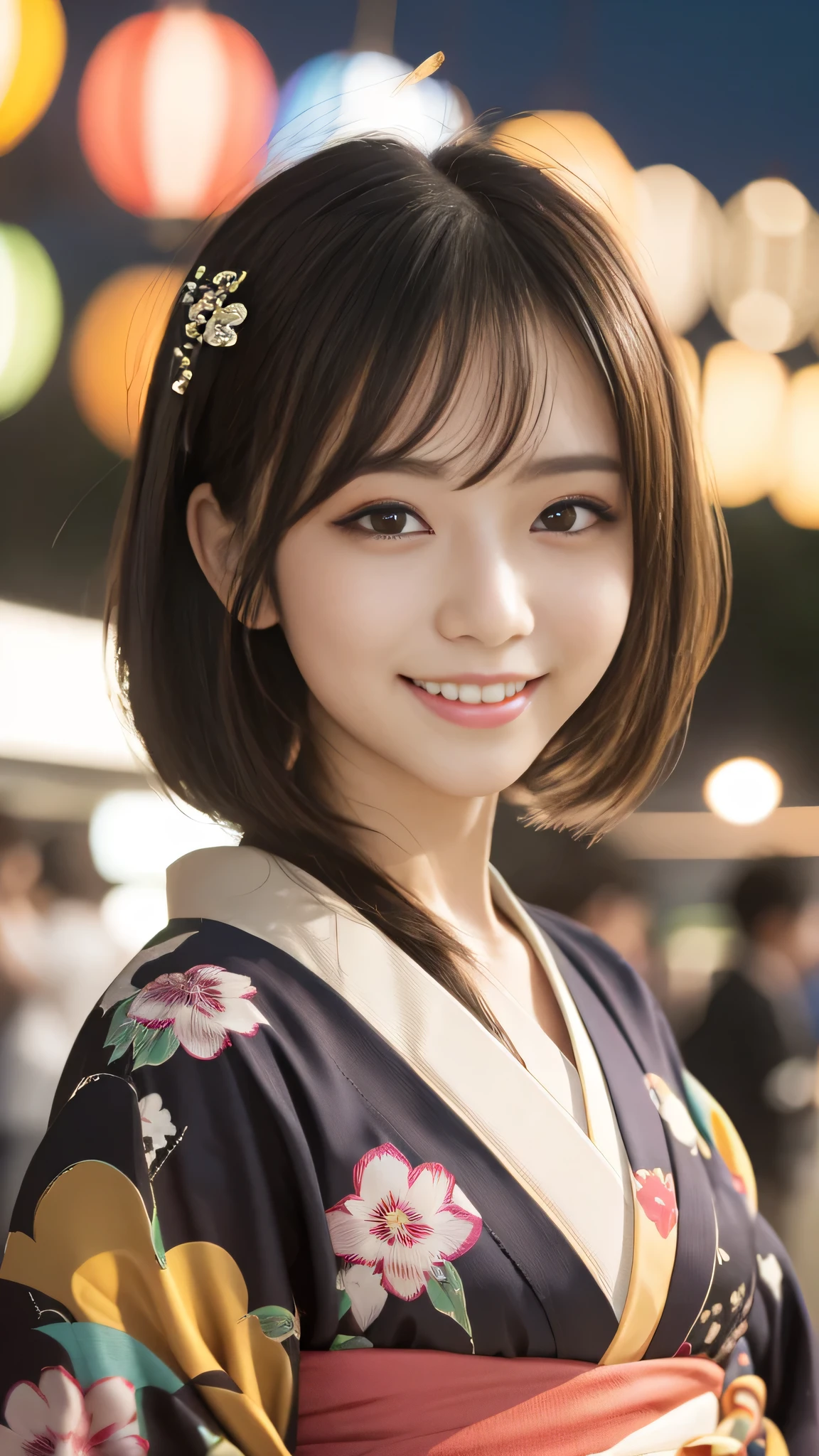 Looking at the camera,(((highest quality, 8k, masterpiece))), Sharp focus, (Beautiful woman with perfect figure), thin, (Hairstyle: superior)), ((kimono)), street, Highly detailed face and skin texture Detailed eyes Double eyelid Random pose, (smile),super cute Japan person,super beauty Japanese girl, Realistic Face, double eyelid,smile,Summer festival , At sunset , Beautiful Teeth , Fireworks Background.