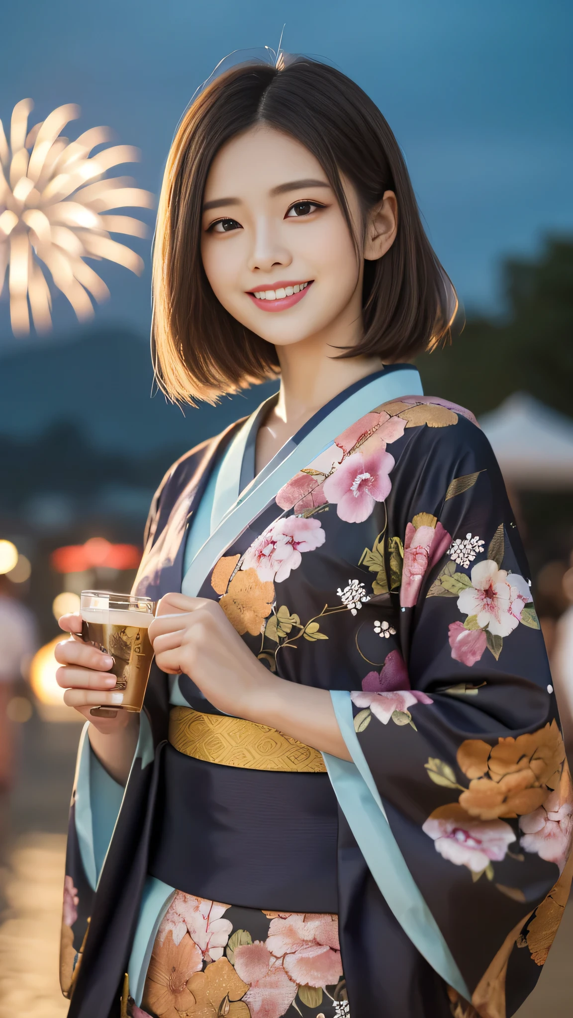 En regardant la caméra,(((la plus haute qualité, 8k, chef-d&#39;œuvre))), netteté, (Belle femme avec une silhouette parfaite), mince, (coiffure: Supérieur)), ((kimono)), rue, Texture du visage et de la peau très détaillée Yeux détaillés Double paupière Pose aléatoire, (sourire),personne japonaise super mignonne,fille japonaise super beauté, visage réaliste, Double paupière,sourire,Festival d&#39;été , au coucher du soleil , belles dents , fond de feux d&#39;artifice.