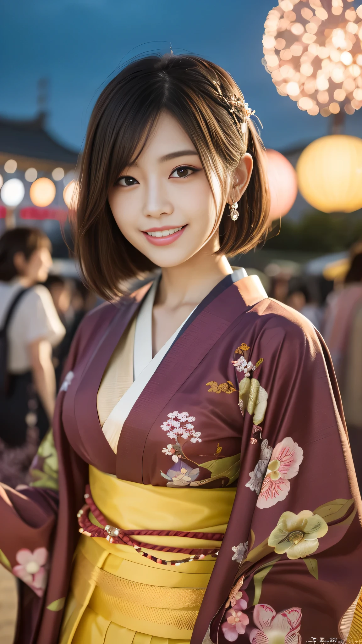 En regardant la caméra,(((la plus haute qualité, 8k, chef-d&#39;œuvre))), netteté, (Belle femme avec une silhouette parfaite), mince, (coiffure: Supérieur)), ((kimono)), rue, Texture du visage et de la peau très détaillée Yeux détaillés Double paupière Pose aléatoire, (sourire),personne japonaise super mignonne,fille japonaise super beauté, visage réaliste, Double paupière,sourire,Festival d&#39;été , au coucher du soleil , belles dents , fond de feux d&#39;artifice.