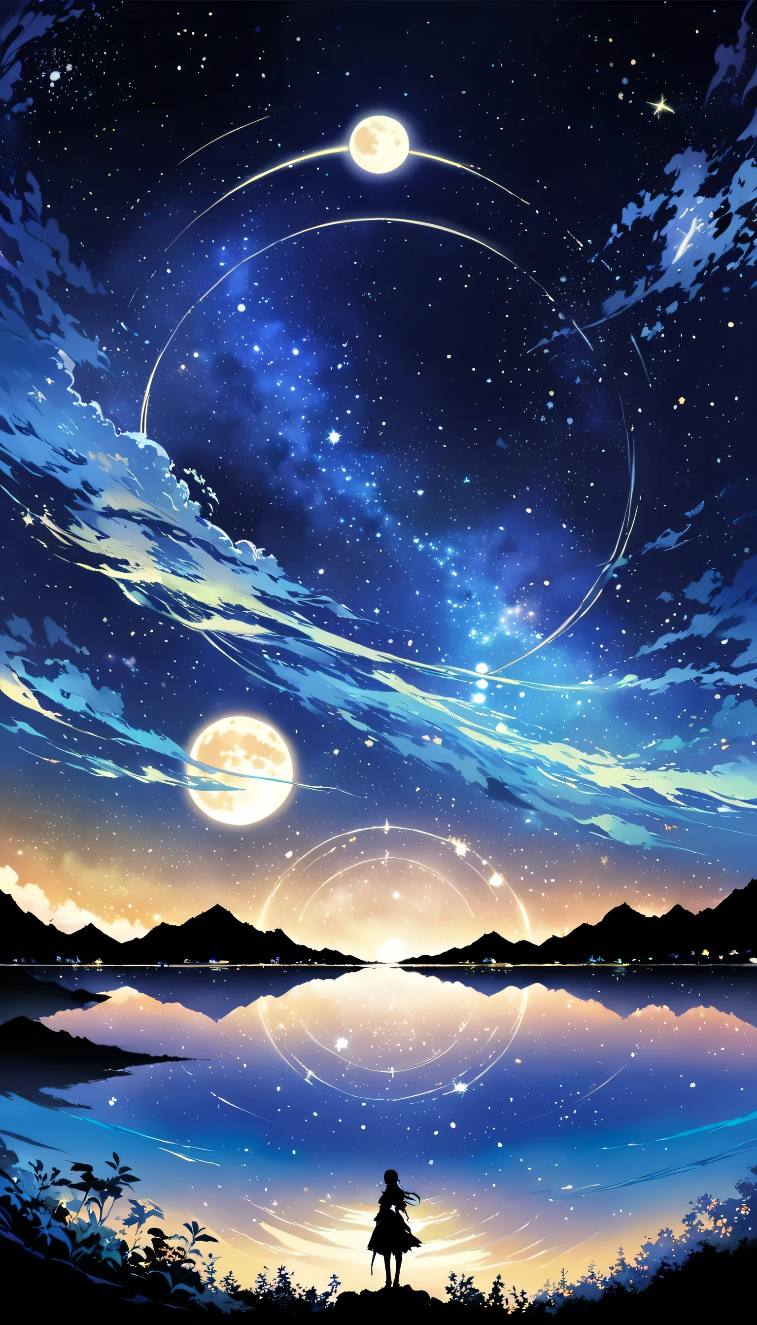 Une beauté condensée d&#39;une peinture représentant une rivière et les étoiles et la lune dans le ciel, Art conceptuel inspiré de Mitsuoki Tosa, Gagnant du concours Pixiv, la plus haute qualité, art fantastique, belle scène d&#39;anime, Cercle de lune brillant, ciel étoilé environment in the moonlight, Peinture de rêve, fond d&#39;anime art, Peinture de paysage de rêve, Bonne nuit, fond d&#39;anime, oeuvre d&#39;arrière-plan, Du grand art, animé atmosphérique, ciel étoilé, Amélioration des détails.  