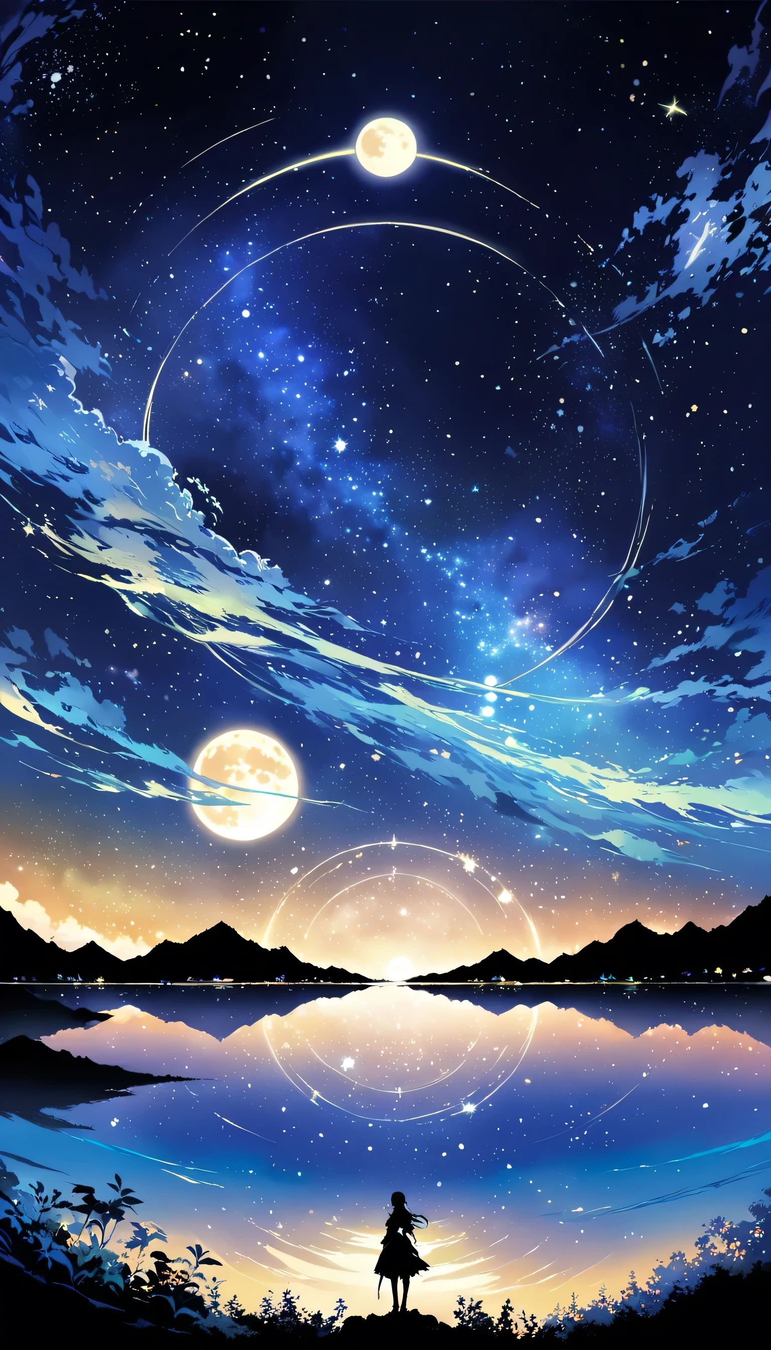 Una belleza condensada de una pintura de un río y las estrellas y la luna en el cielo., Arte conceptual inspirado en Mitsuoki Tosa, Ganador del concurso pixiv, de la máxima calidad, Arte De Fantasía, hermosa escena de anime, Círculo de luna brillante, cielo estrellado environment in the moonlight, pintura de ensueño, fondo animado art, pintura de paisaje de ensueño, Gran noche, fondo animado, ilustraciones de fondo, arte grandioso, anime atmosférico, cielo estrellado, Mejora de detalles.  