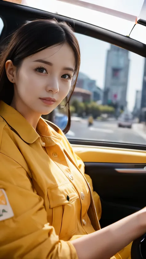 (8k, highest quality, masterpiece: 1.2), (Realistic, Realistic: 1.2), In a taxi、 (((Female taxi driver))), Take the driver&#39;s seat、Driving a taxi、Wear a taxi cap、cute、He said he&#39;d take me、(((He is having a pleasant conversation with a passenger in t...