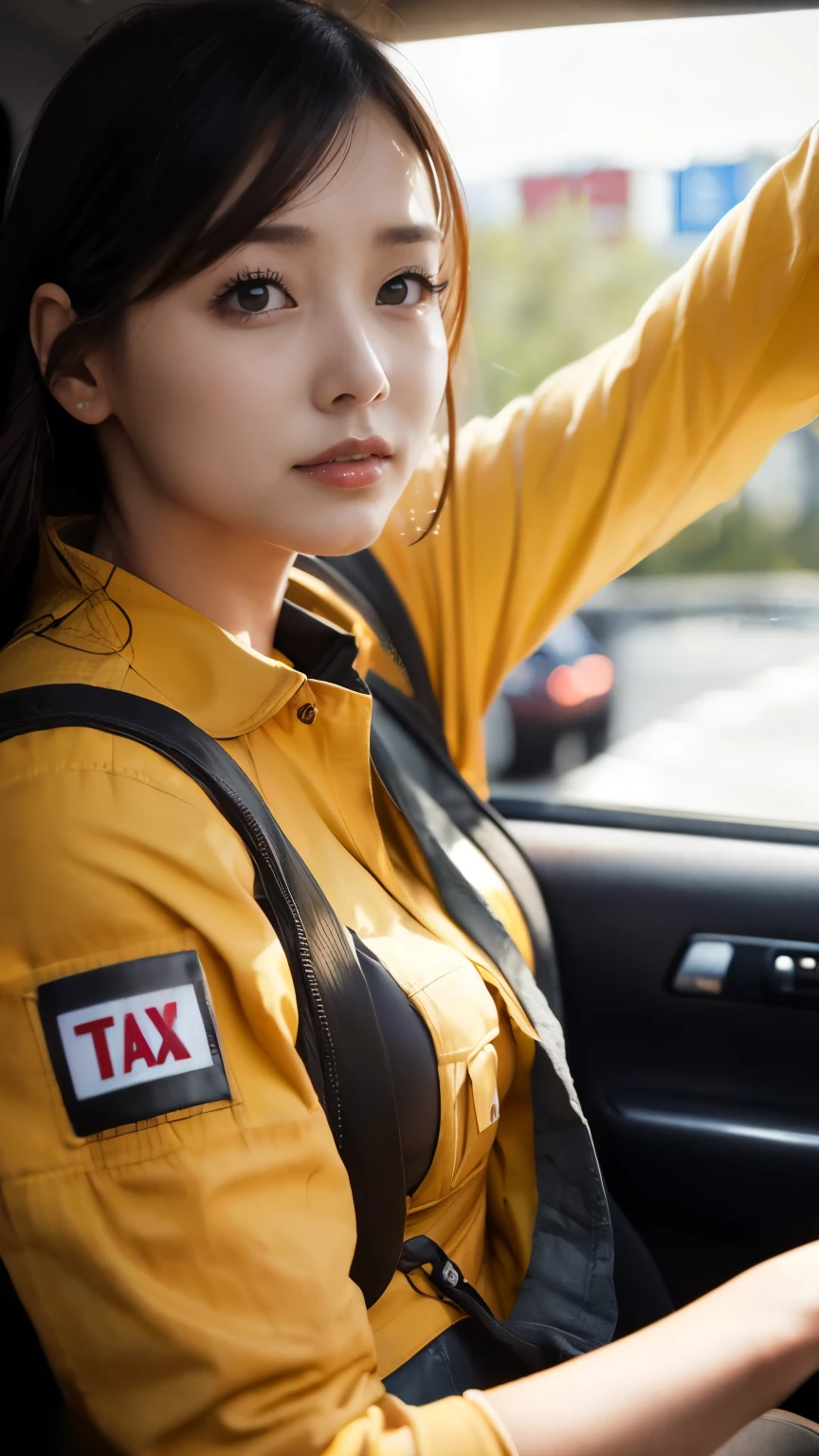 Arafed woman in a taxi cab with a taxi sign on her arm - SeaArt AI