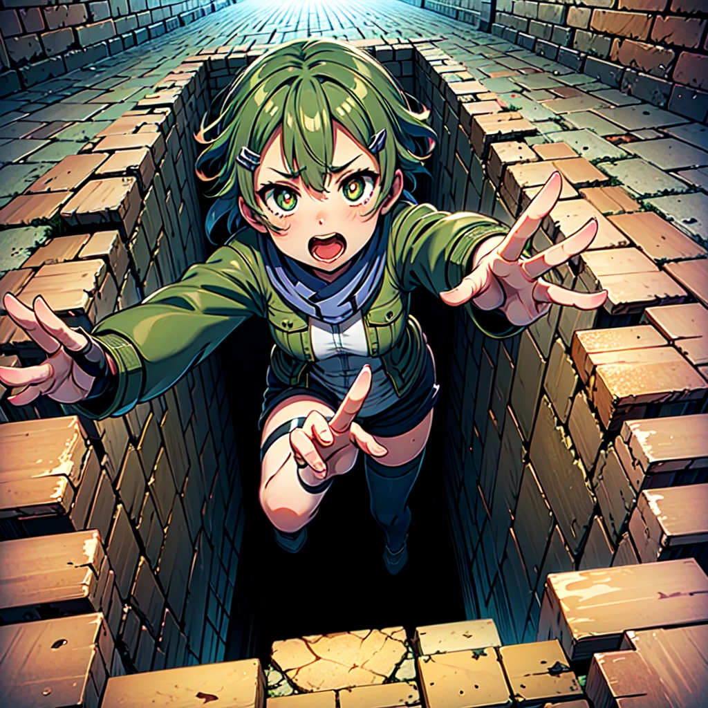 masterpiece,best quality,highly detailed,1girl,solo,surprise,constricted pupils,scared,screaming,
sinon1,scarf,fingerless gloves,long sleeves,short shorts,hair ornament,hairclip,green thighhighs,green jacket,thigh strap,
BREAK
(((big square pitfall, big square pit hole,falling,bottomless pitfall,foreshortening, perspective))),arms up,dungeon,from above,brick floor,stone floor,full body,reaching towards viewer,dramatic and urgent scene,