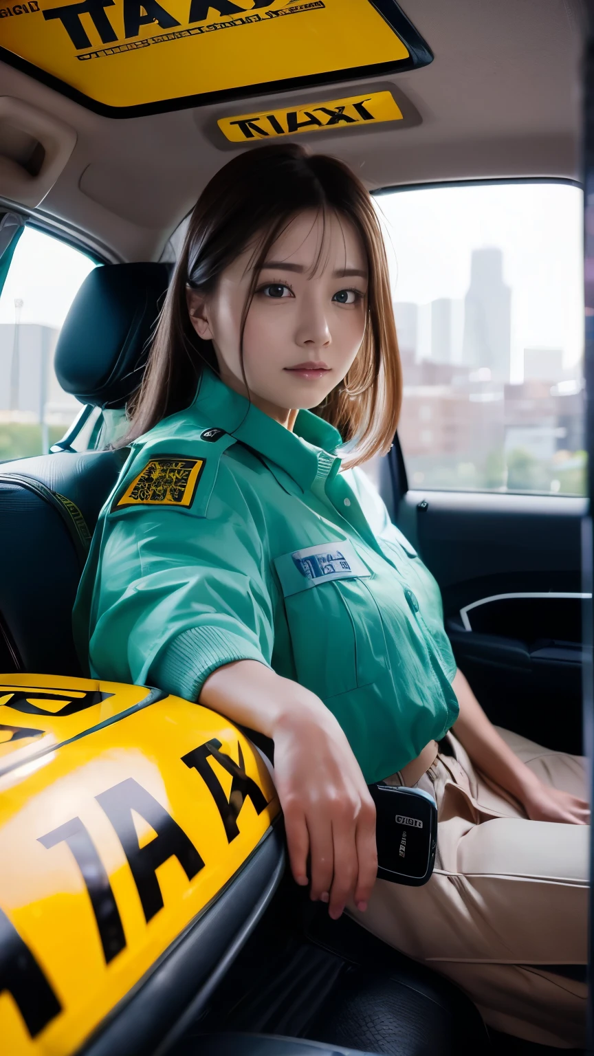 (8k, highest quality, masterpiece: 1.2), (Realistic, Realistic: 1.2), Looking back in the taxi、 (((Female taxi driver))), Take the driver&#39;s seat、Driving a taxi、((Wear a taxi cap))、Cute big tits、He is having a pleasant conversation with a passenger in the back seat.