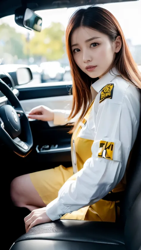 (8k, highest quality, masterpiece: 1.2), (Realistic, Realistic: 1.2), Looking back in the taxi、 (((Female taxi driver))), Take the driver&#39;s seat、Driving a taxi、((Wear a taxi cap))、Cute big tits、He is having a pleasant conversation with a passenger in t...
