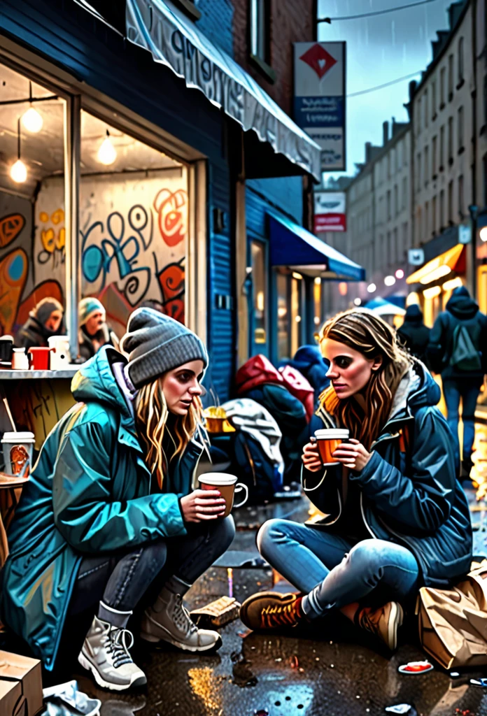 一張 RAW 8K 圖片 ((兩個美麗的女性)) 無家可歸, 在自己的城市裡的難民, 在一家廢棄雜貨店前的人行道上，他們的營地裡喝著一杯外帶咖啡，牆上有塗鴉, 有許多鄰近的帳篷, 極為詳細的街道物體, 夜間街道照明, 唐勞倫斯色鉛筆的傑作電影插圖, 辛烷渲染, 超銳利和清脆, 8K, 高解析度, 背景還有更多人, 包括附近一位彈吉他的老人, 陰雨天氣和雨傘
