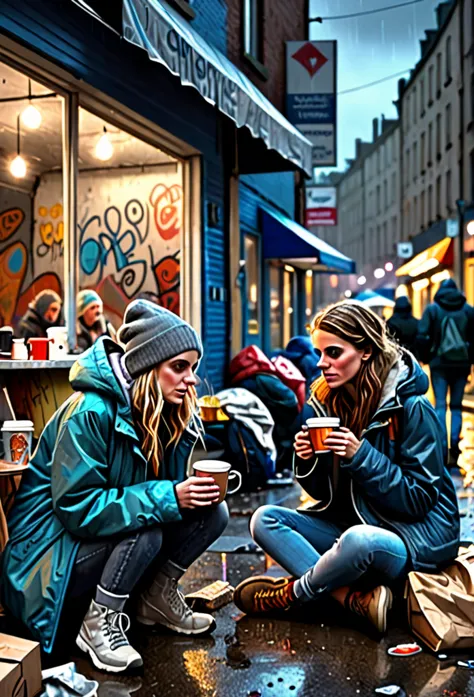 a raw 8k picture of ((two beautiful female)) homeless, a refugees in their own city, sipping a cup of take away coffee on their ...